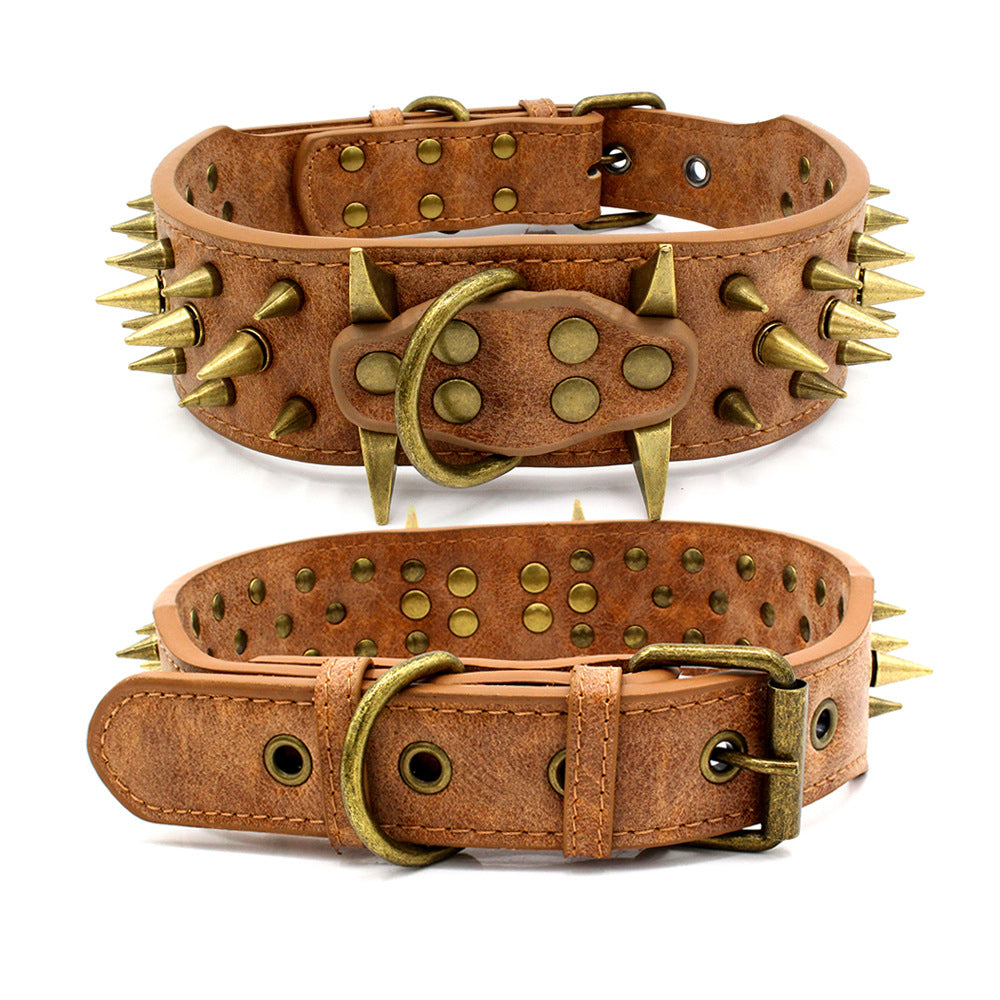 KFX-1793725 Durable PU Leather Dog Collar for Large Breeds - Adjustable Sizing in Brown, Dark Blue & Gray