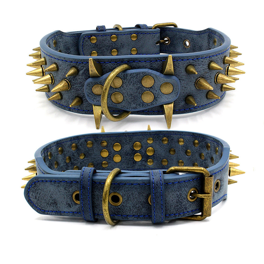 KFX-1793725 Durable PU Leather Dog Collar for Large Breeds - Adjustable Sizing in Brown, Dark Blue & Gray