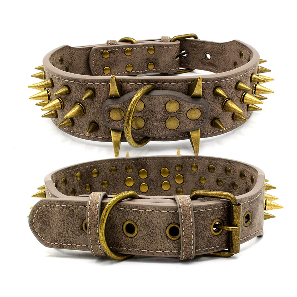 KFX-1793725 Durable PU Leather Dog Collar for Large Breeds - Adjustable Sizing in Brown, Dark Blue & Gray