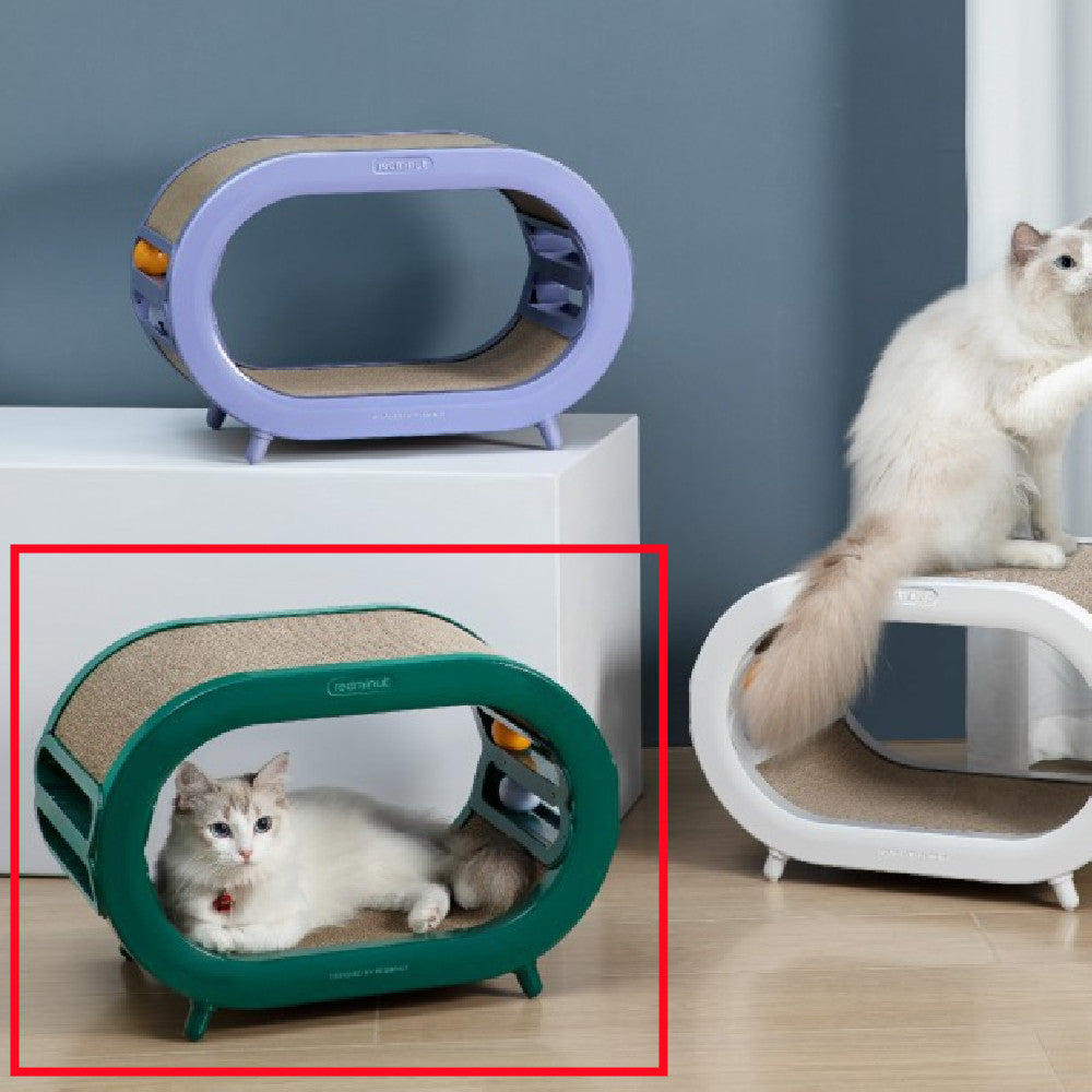KFX-1800765 Cat Scratch Board Nest Villa with Chamfered Edges and Toy Attachment - White and Green