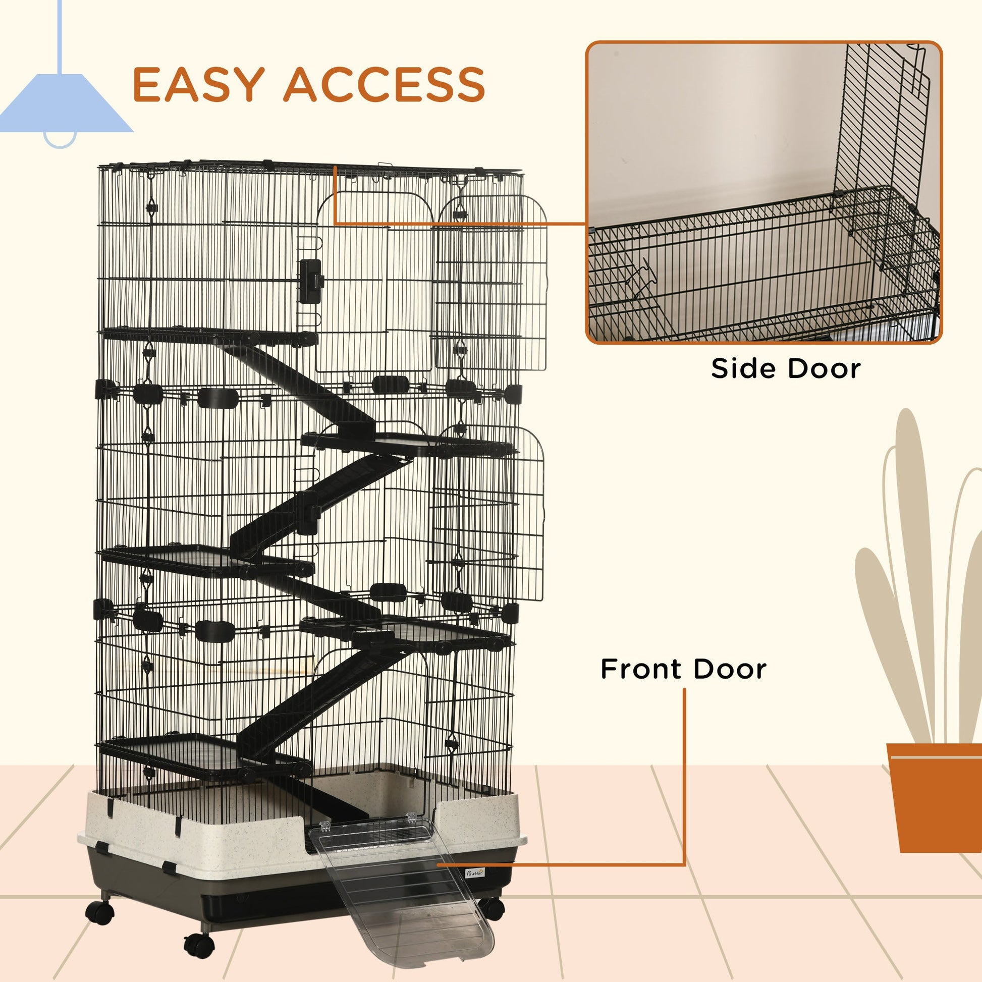 KFX-1801149 6-Tier Rolling Rabbit Cage with Large Living Space and Easy Access, Black