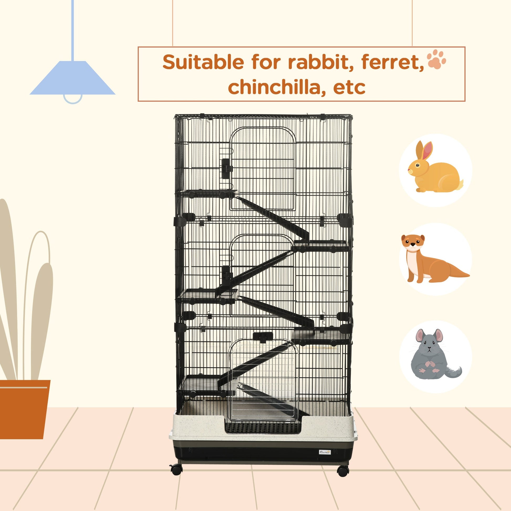 KFX-1801149 6-Tier Rolling Rabbit Cage with Large Living Space and Easy Access, Black