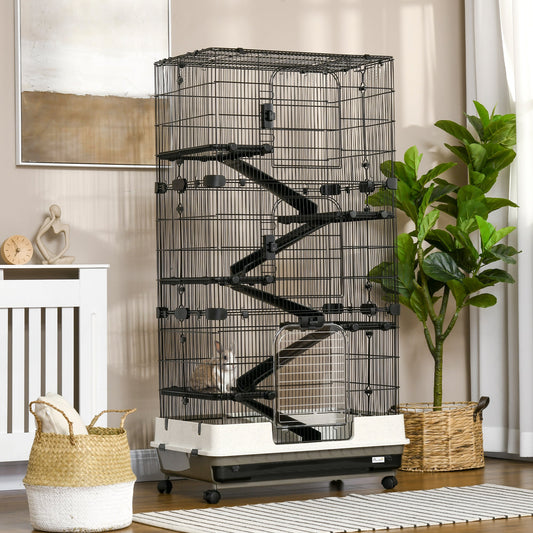 KFX-1801149 6-Tier Rolling Rabbit Cage with Large Living Space and Easy Access, Black