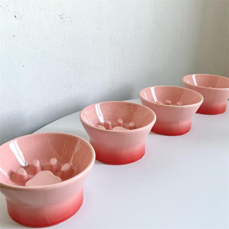 KFX-1803453 Choke Prevention Slow Feeder High Foot Pet Bowl - Cute Gradient Porcelain Design, 5.5-Inch Diameter