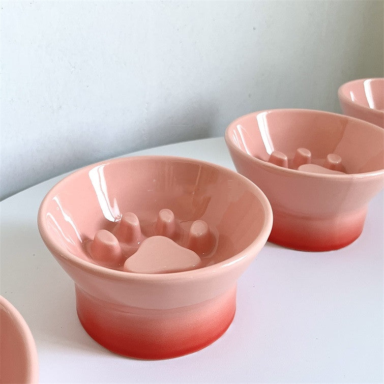 KFX-1803453 Choke Prevention Slow Feeder High Foot Pet Bowl - Cute Gradient Porcelain Design, 5.5-Inch Diameter