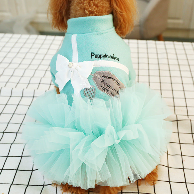 KFX-1805629 Lake Blue Princess Dress for Pets with White Bow - Gauze Skirt, Sizes XS to XL