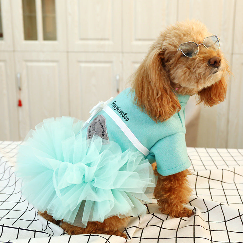 KFX-1805629 Lake Blue Princess Dress for Pets with White Bow - Gauze Skirt, Sizes XS to XL