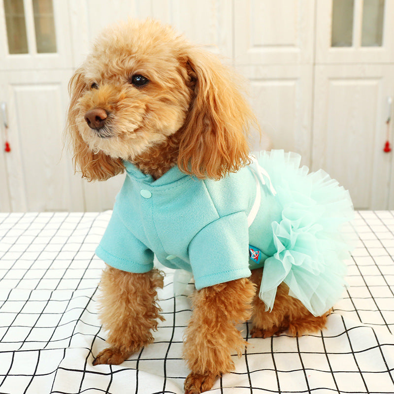 KFX-1805629 Lake Blue Princess Dress for Pets with White Bow - Gauze Skirt, Sizes XS to XL