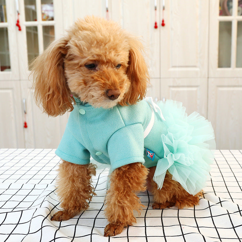 KFX-1805629 Lake Blue Princess Dress for Pets with White Bow - Gauze Skirt, Sizes XS to XL
