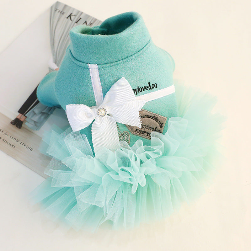 KFX-1805629 Lake Blue Princess Dress for Pets with White Bow - Gauze Skirt, Sizes XS to XL
