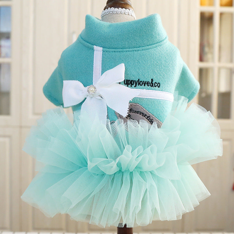 KFX-1805629 Lake Blue Princess Dress for Pets with White Bow - Gauze Skirt, Sizes XS to XL