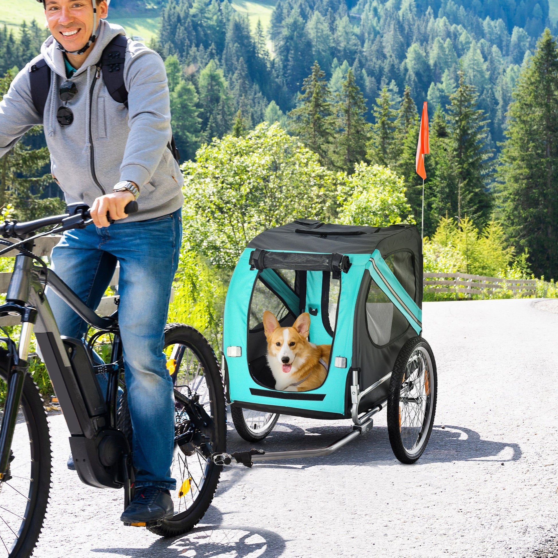 KFX-1808701 Pet Bike Trailer with Large Wheels and Multiple Entrances - Green, Weather-Resistant Design for Medium Dogs