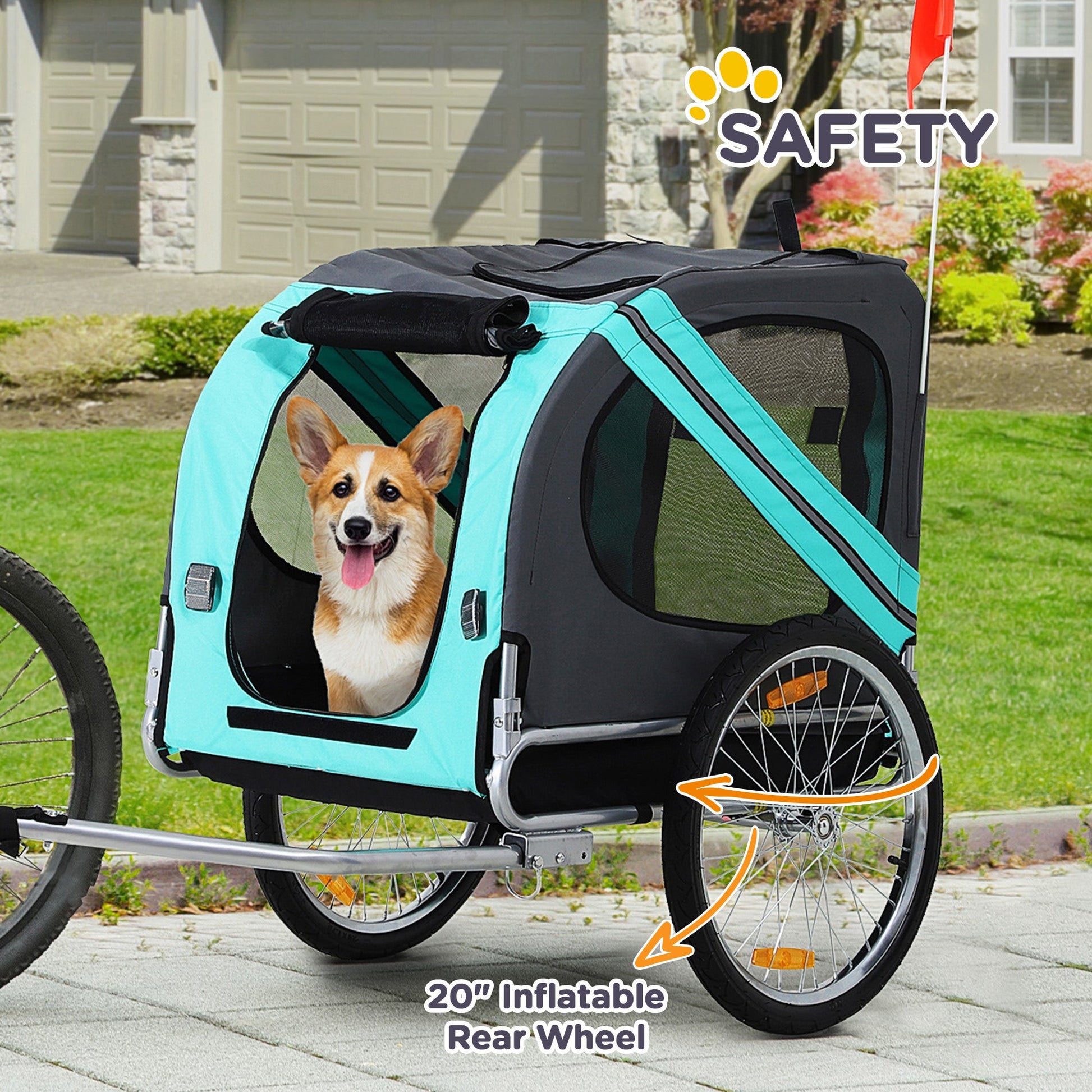 KFX-1808701 Pet Bike Trailer with Large Wheels and Multiple Entrances - Green, Weather-Resistant Design for Medium Dogs