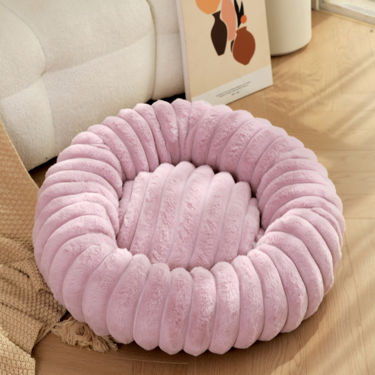 KFX-1813053 Cozy Round Plush Rabbit Mat for Cats and Dogs - Warm Winter Nest Bed