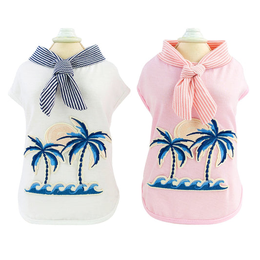 KFX-1816765 Coconut Tree Embroidered Cotton Dog Apparel in Pink and White
