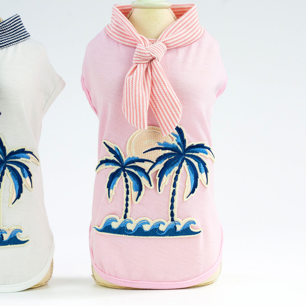 KFX-1816765 Coconut Tree Embroidered Cotton Dog Apparel in Pink and White