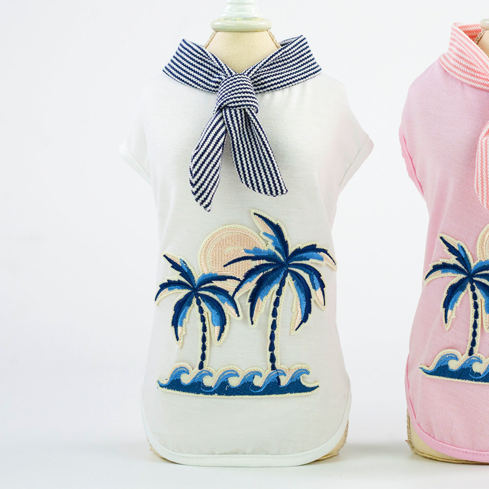 KFX-1816765 Coconut Tree Embroidered Cotton Dog Apparel in Pink and White