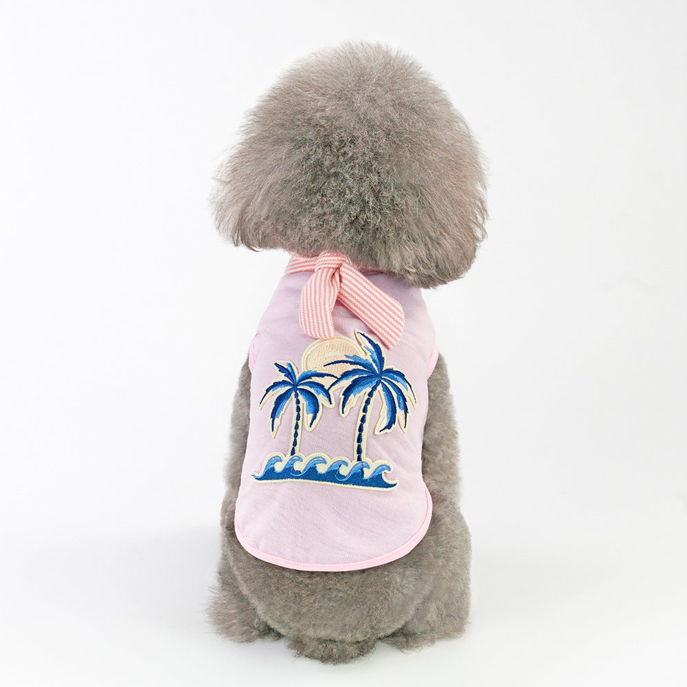 KFX-1816765 Coconut Tree Embroidered Cotton Dog Apparel in Pink and White