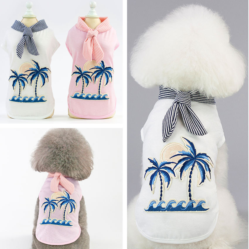 KFX-1816765 Coconut Tree Embroidered Cotton Dog Apparel in Pink and White