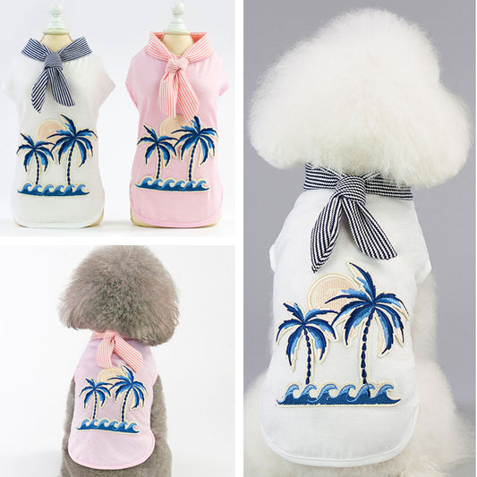 KFX-1816765 Coconut Tree Embroidered Cotton Dog Apparel in Pink and White