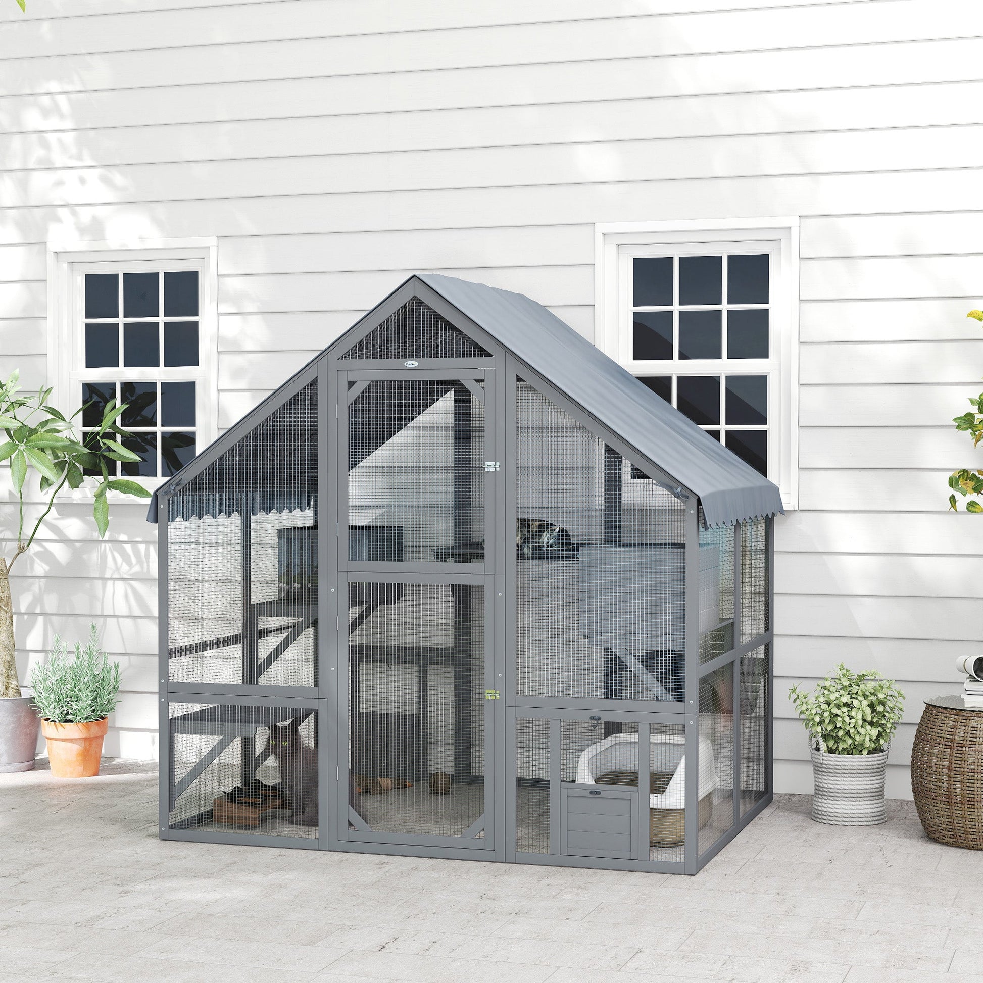 KFX-1818813 Wooden Cat Enclosure with Waterproof Cover, 2 Condos, 4 Platforms, Gray