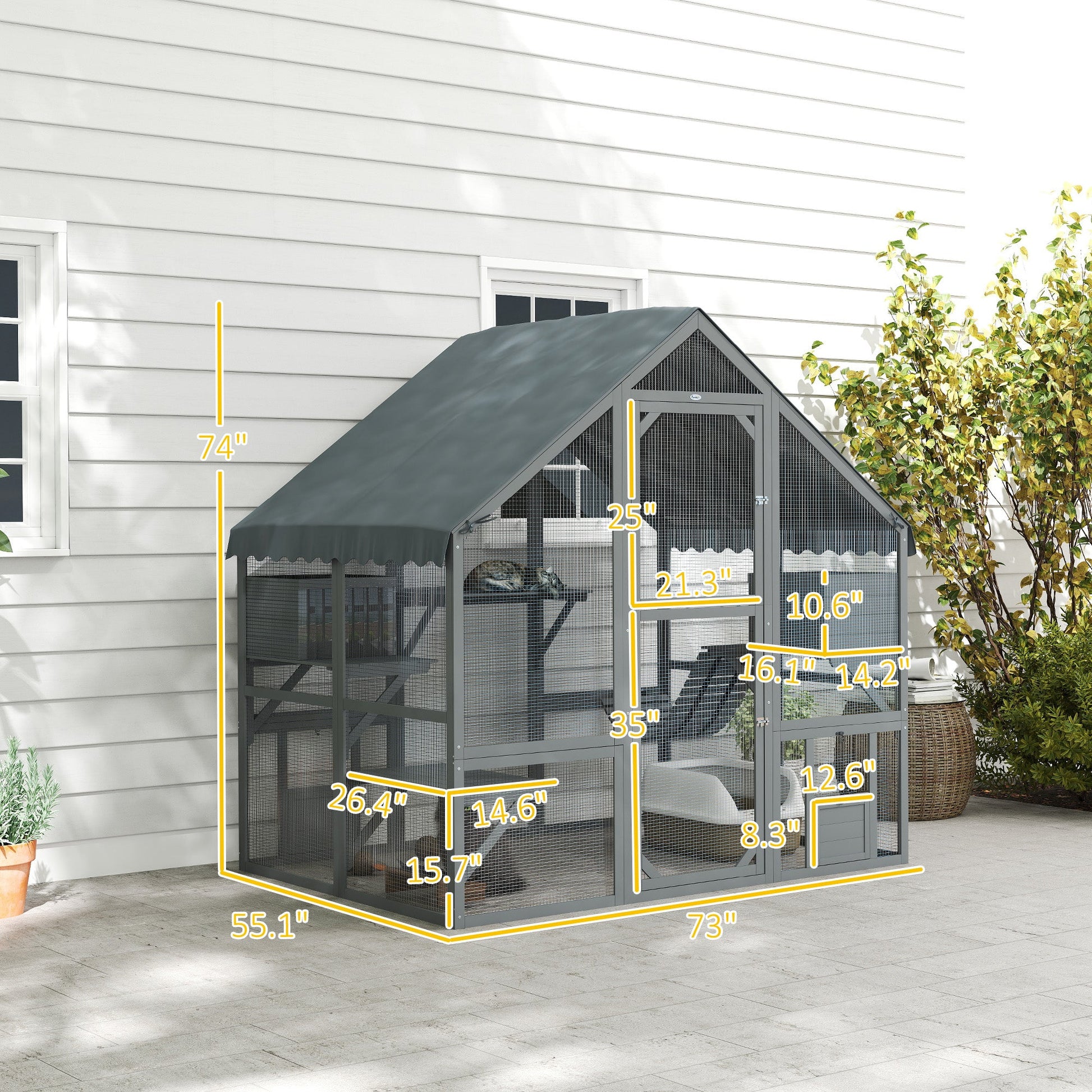 KFX-1818813 Wooden Cat Enclosure with Waterproof Cover, 2 Condos, 4 Platforms, Gray