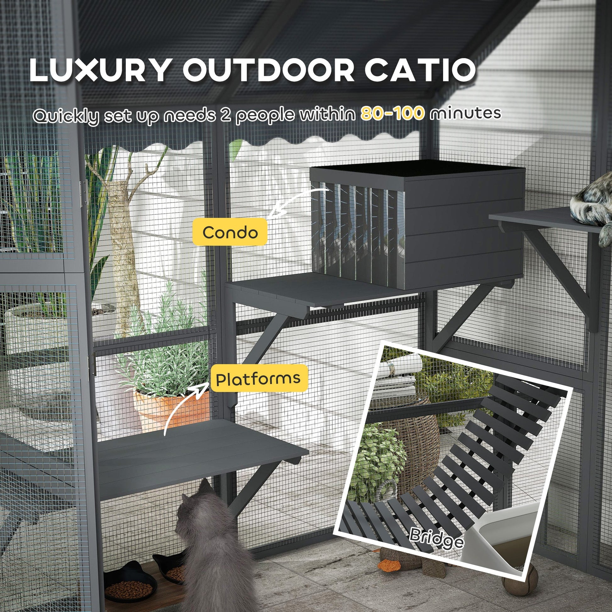 KFX-1818813 Wooden Cat Enclosure with Waterproof Cover, 2 Condos, 4 Platforms, Gray