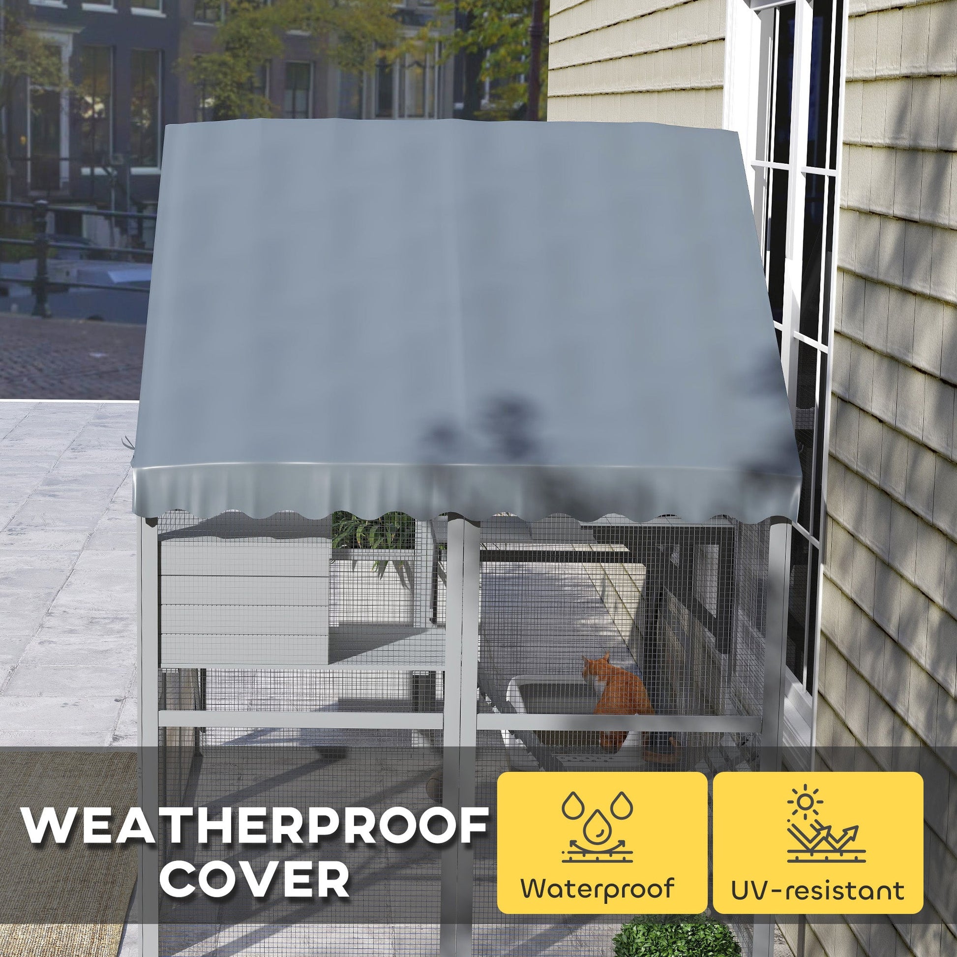 KFX-1818813 Wooden Cat Enclosure with Waterproof Cover, 2 Condos, 4 Platforms, Gray