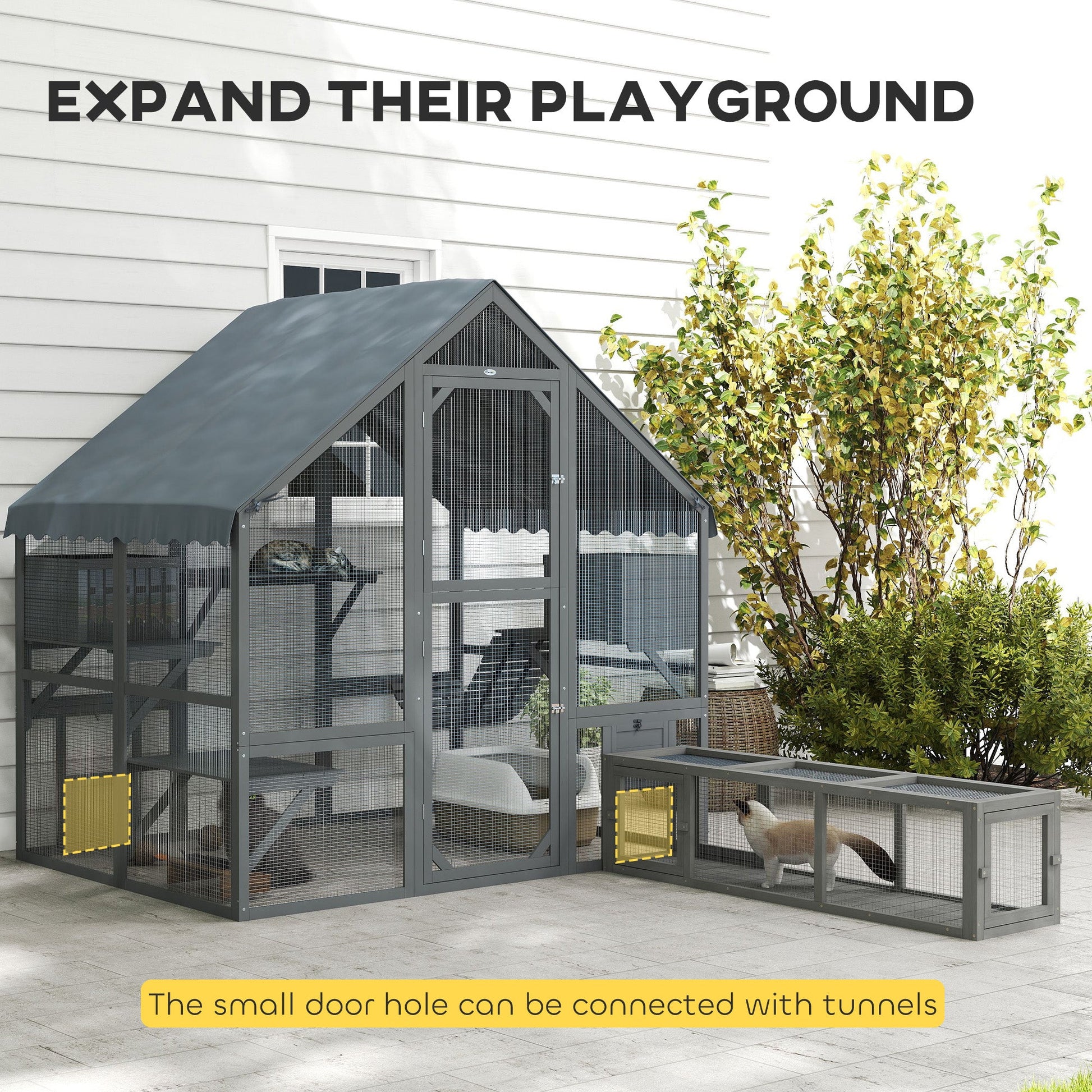 KFX-1818813 Wooden Cat Enclosure with Waterproof Cover, 2 Condos, 4 Platforms, Gray