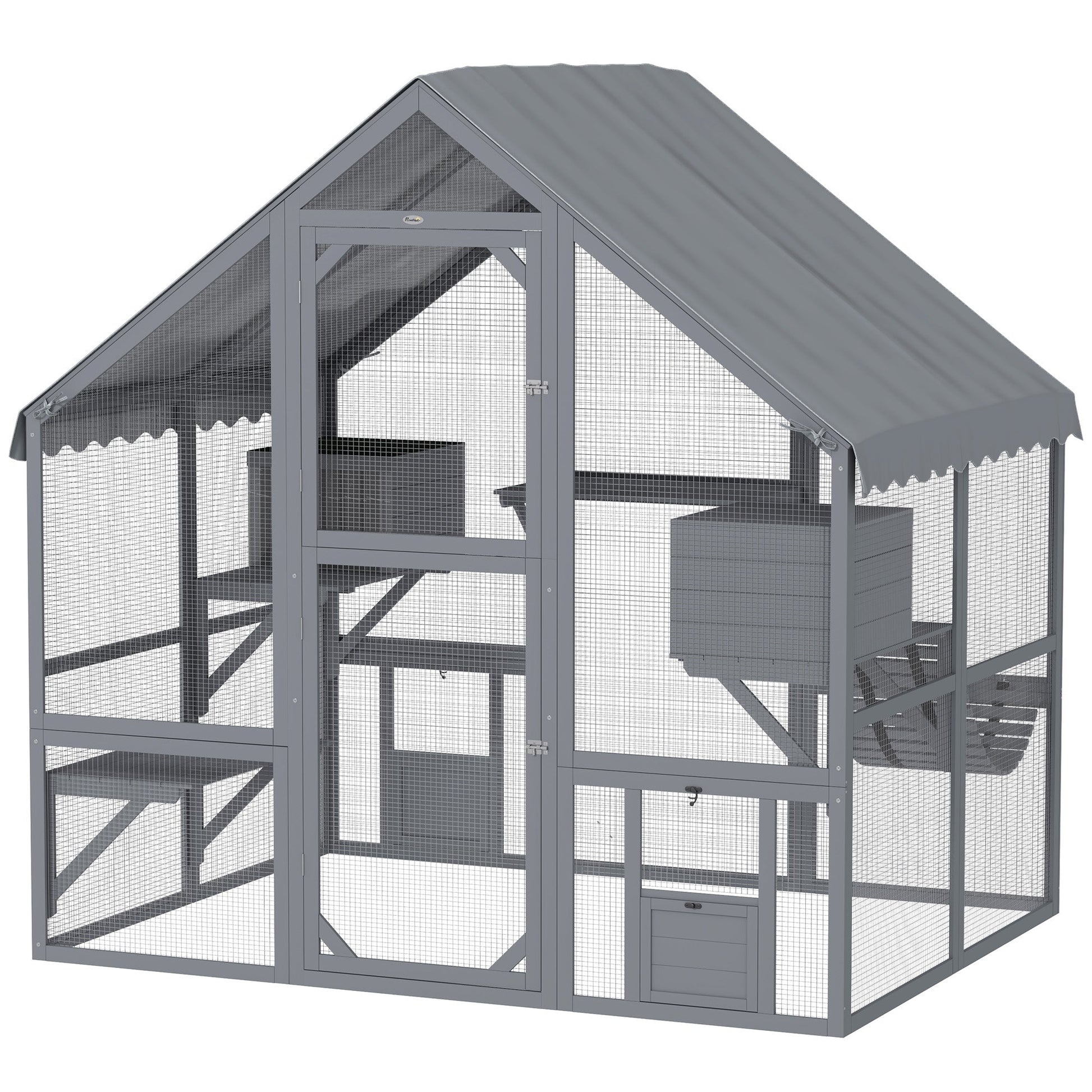 KFX-1818813 Wooden Cat Enclosure with Waterproof Cover, 2 Condos, 4 Platforms, Gray