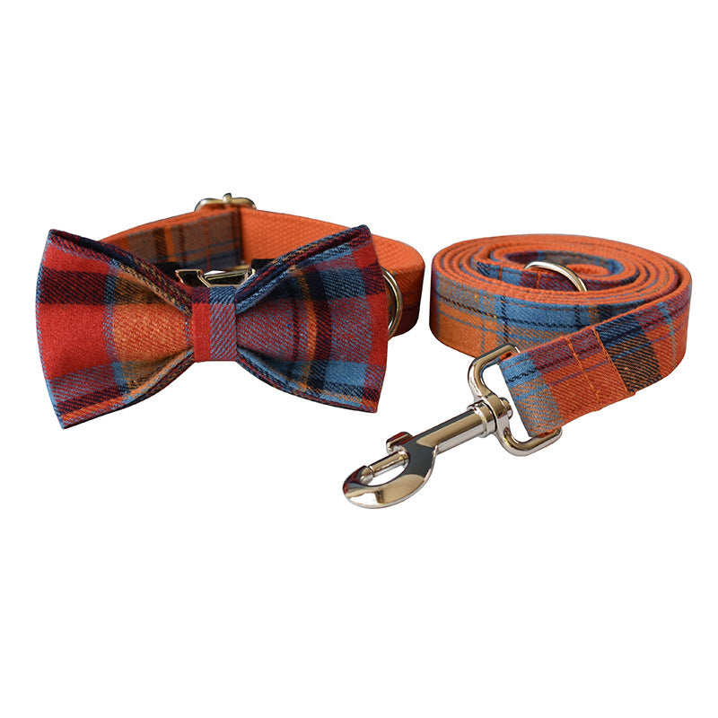 KFX-1820733 Orange Velvet Dog Collar and Leash Set with Bow - Cotton Material, Multiple Sizes Available