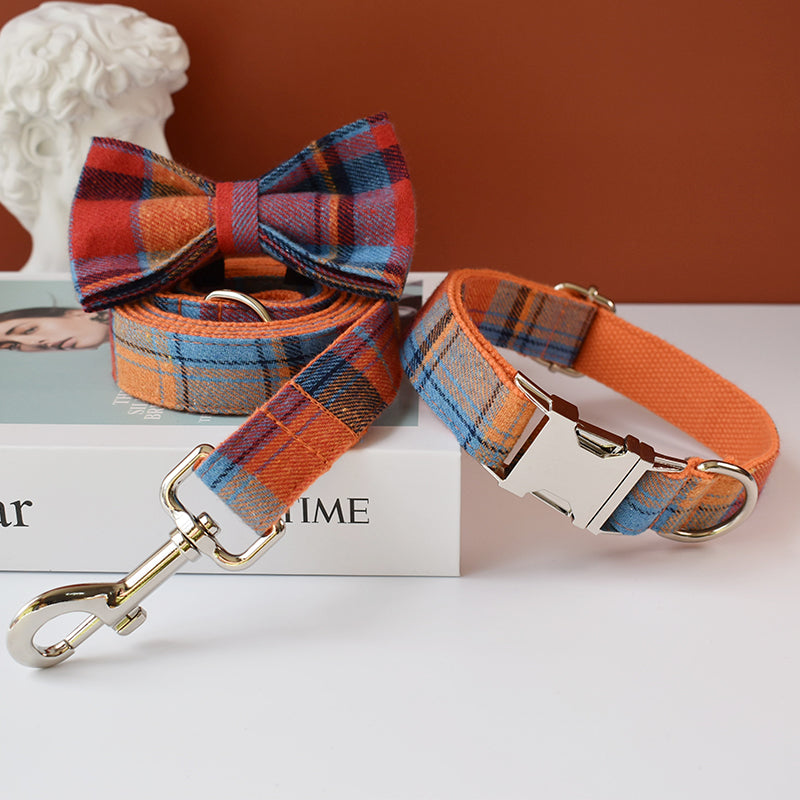 KFX-1820733 Orange Velvet Dog Collar and Leash Set with Bow - Cotton Material, Multiple Sizes Available