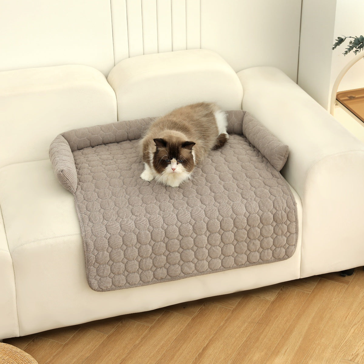 KFX-1826365 Corduroy Pet Bed with Neck Pillow – Soft and Thick Calming Mat for Home, Car, and Outdoor Use (75x75CM)