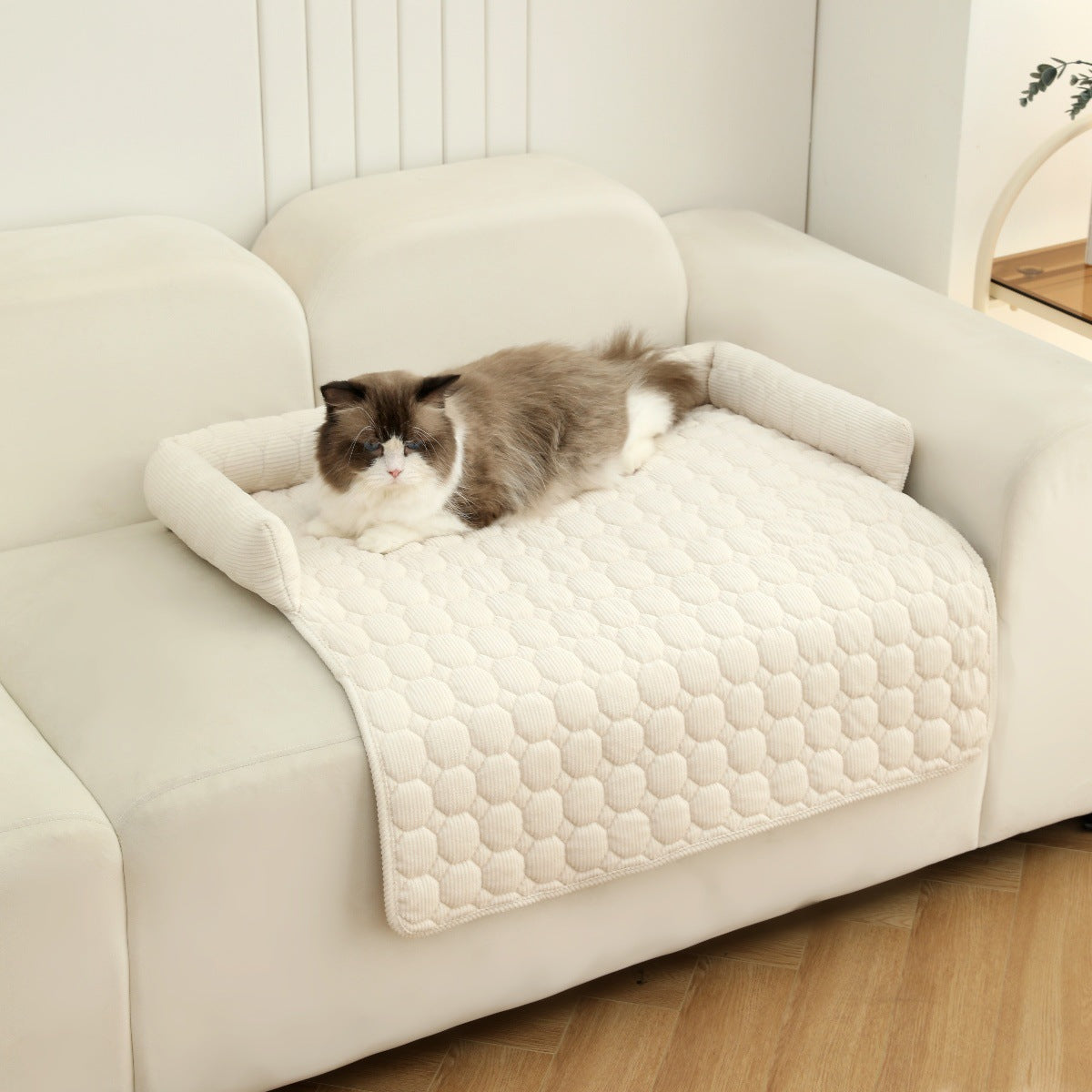 KFX-1826365 Corduroy Pet Bed with Neck Pillow – Soft and Thick Calming Mat for Home, Car, and Outdoor Use (75x75CM)