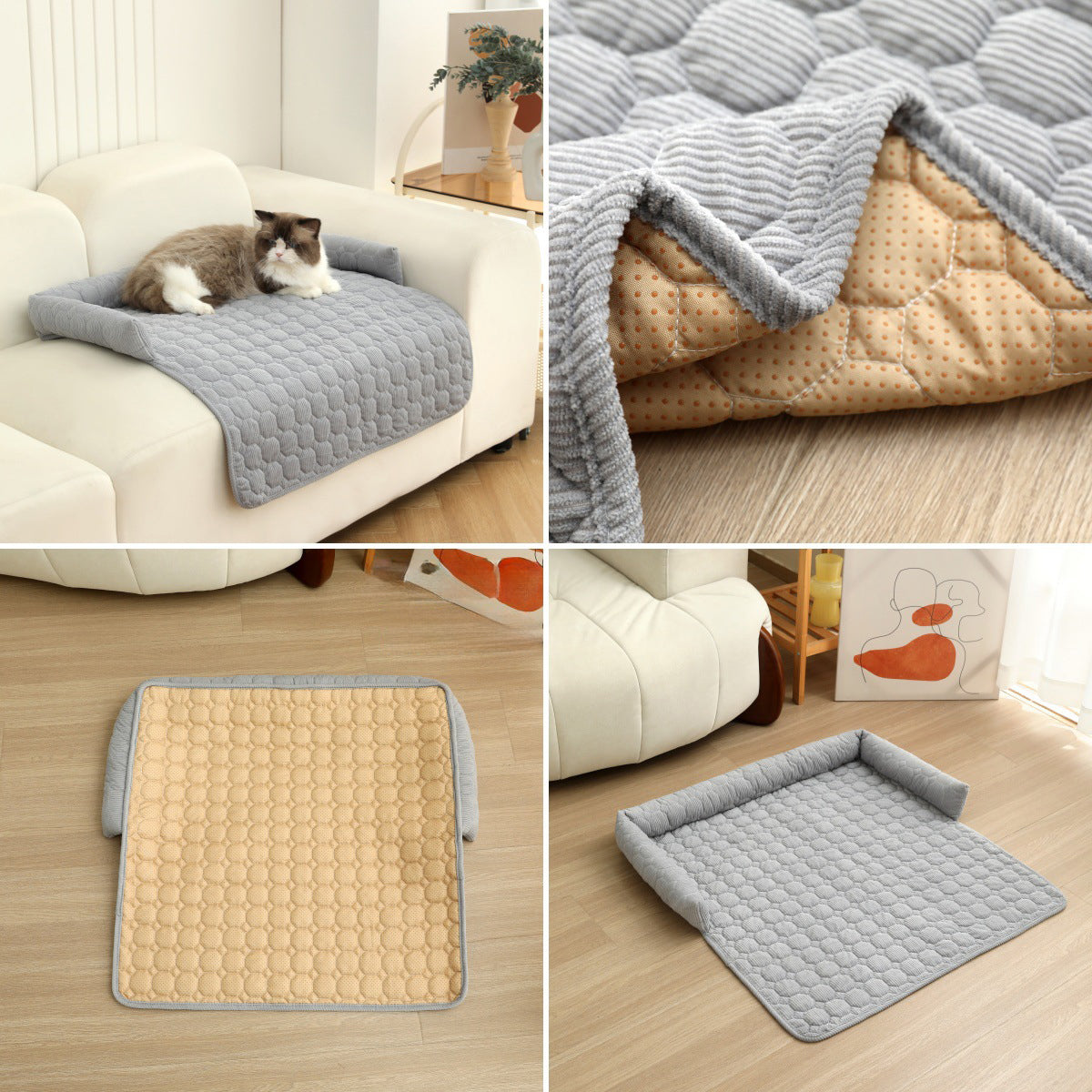 KFX-1826365 Corduroy Pet Bed with Neck Pillow – Soft and Thick Calming Mat for Home, Car, and Outdoor Use (75x75CM)