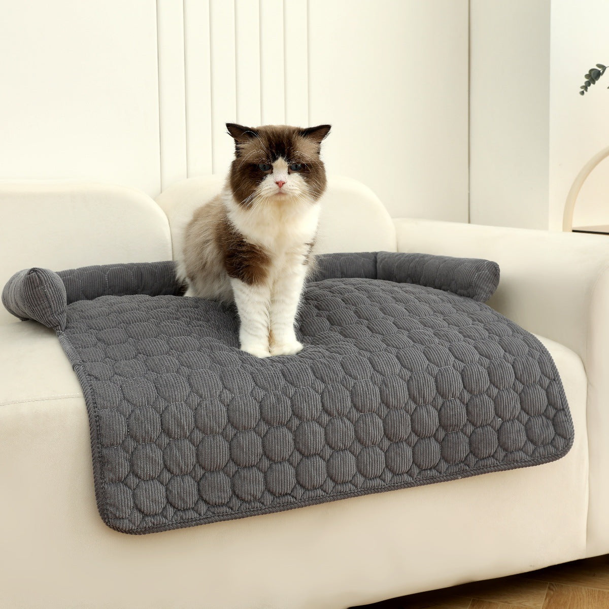 KFX-1826365 Corduroy Pet Bed with Neck Pillow – Soft and Thick Calming Mat for Home, Car, and Outdoor Use (75x75CM)