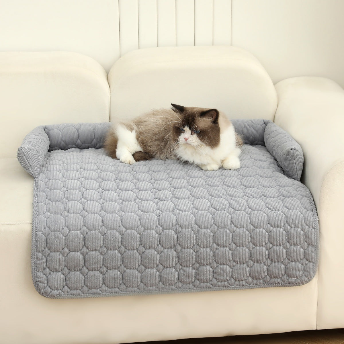 KFX-1826365 Corduroy Pet Bed with Neck Pillow – Soft and Thick Calming Mat for Home, Car, and Outdoor Use (75x75CM)