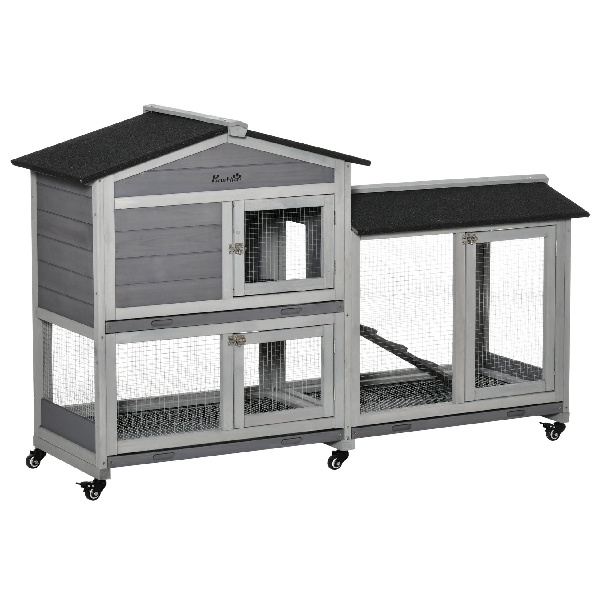 KFX-1828157 62" Wooden Rabbit Hutch with Wheels, Slide-out Tray, and Ramp for Small Pets