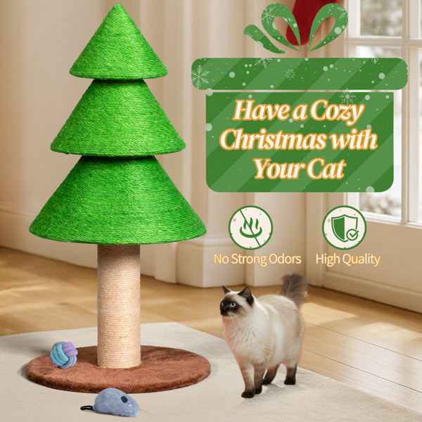 KFX-1835709 Christmas Tree Cat Scratcher Tower – 31.5in Indoor Cat Scratching Post with Sisal and Fleece Base