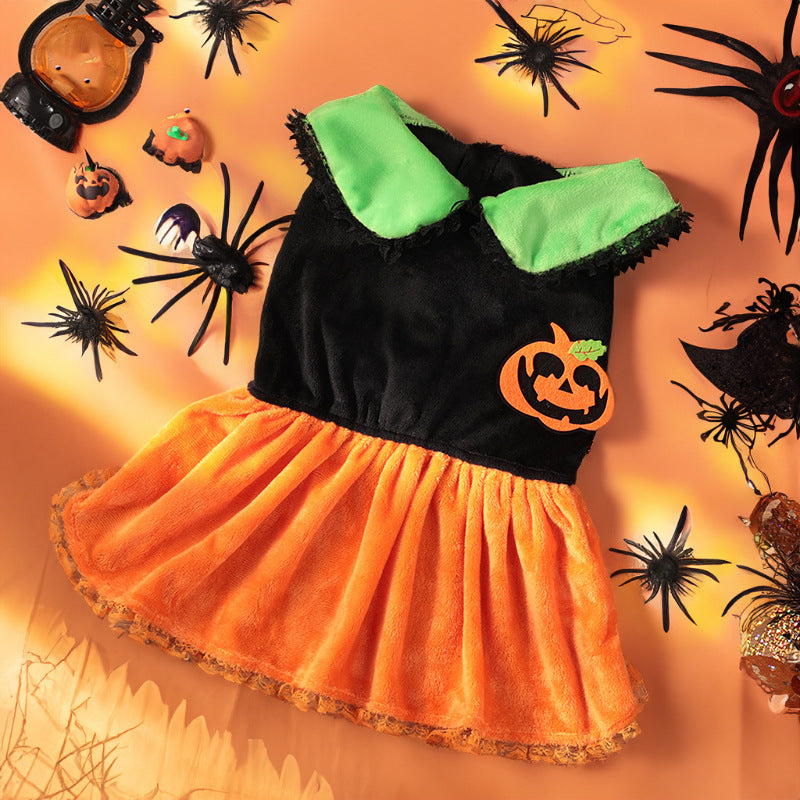 KFX-1836605 Classic Halloween Pumpkin Skirt Costume for Dogs and Cats - Crystal Velvet Pet Clothing