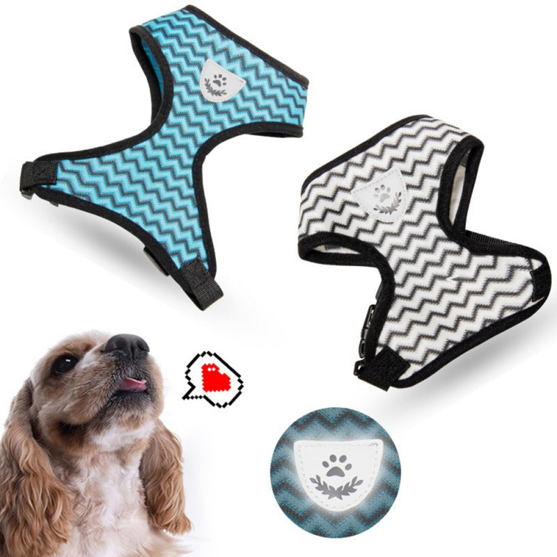 KFX-1839293 Reflective Pet Chest Harness with Wave Pattern - Blue & White, Sizes S to XL