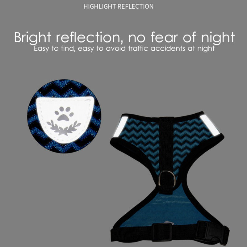 KFX-1839293 Reflective Pet Chest Harness with Wave Pattern - Blue & White, Sizes S to XL