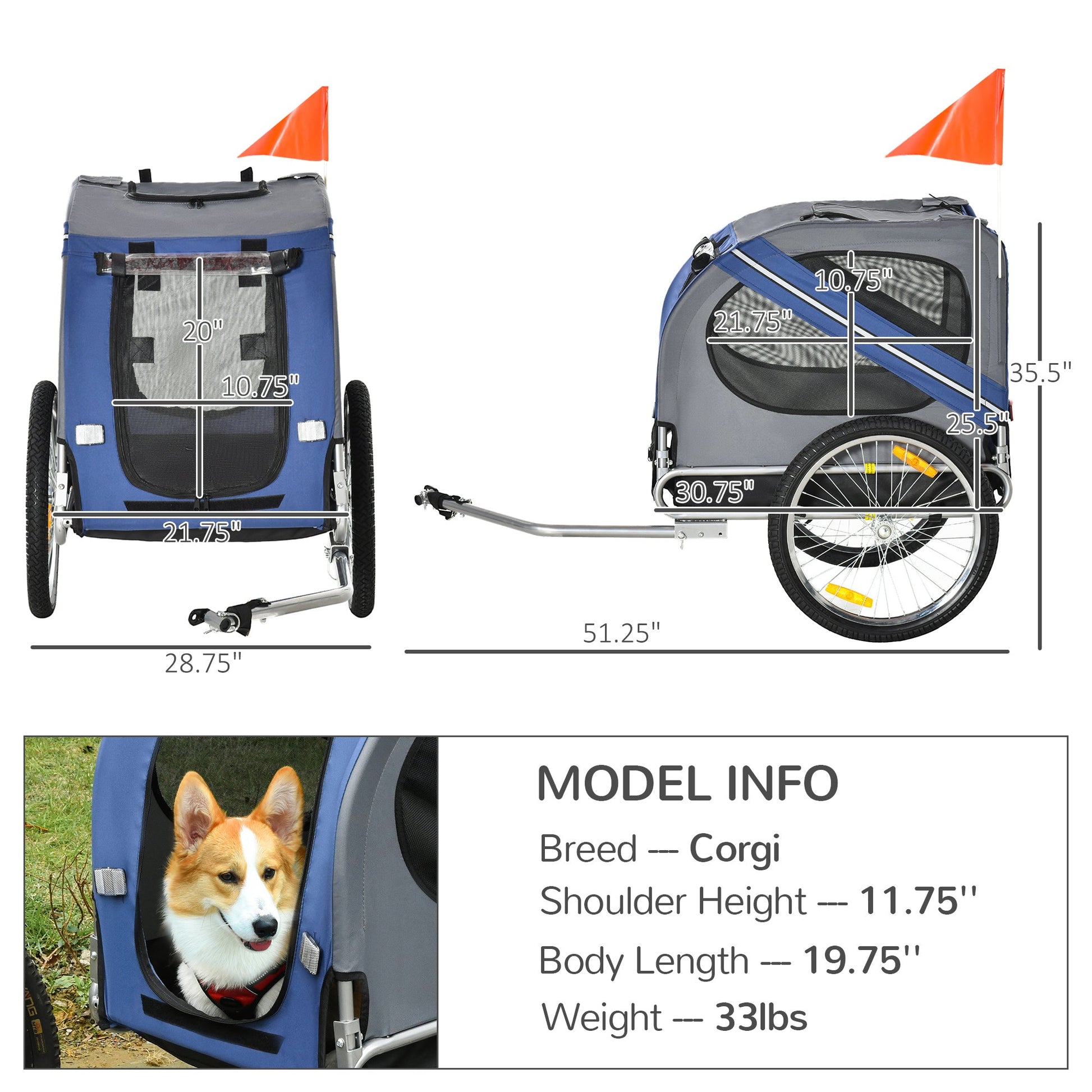 KFX-1841469 Pet Bicycle Trailer with Large Wheels, 3 Entrances & Weather-Resistant Canopy for Dogs and Pets, Blue/Gray