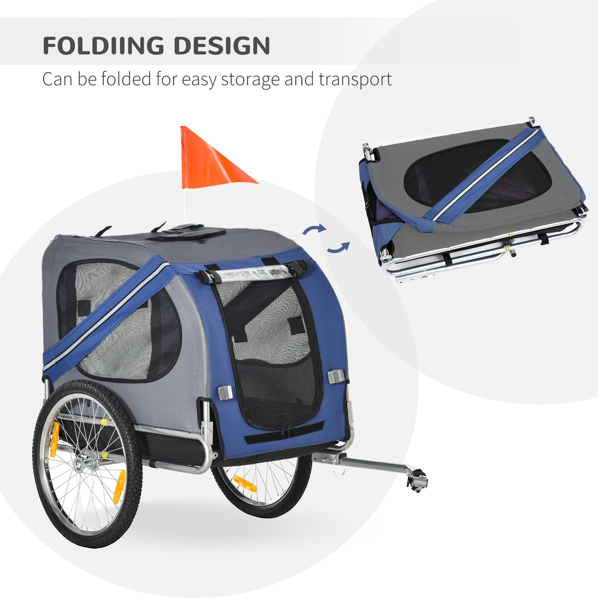 KFX-1841469 Pet Bicycle Trailer with Large Wheels, 3 Entrances & Weather-Resistant Canopy for Dogs and Pets, Blue/Gray
