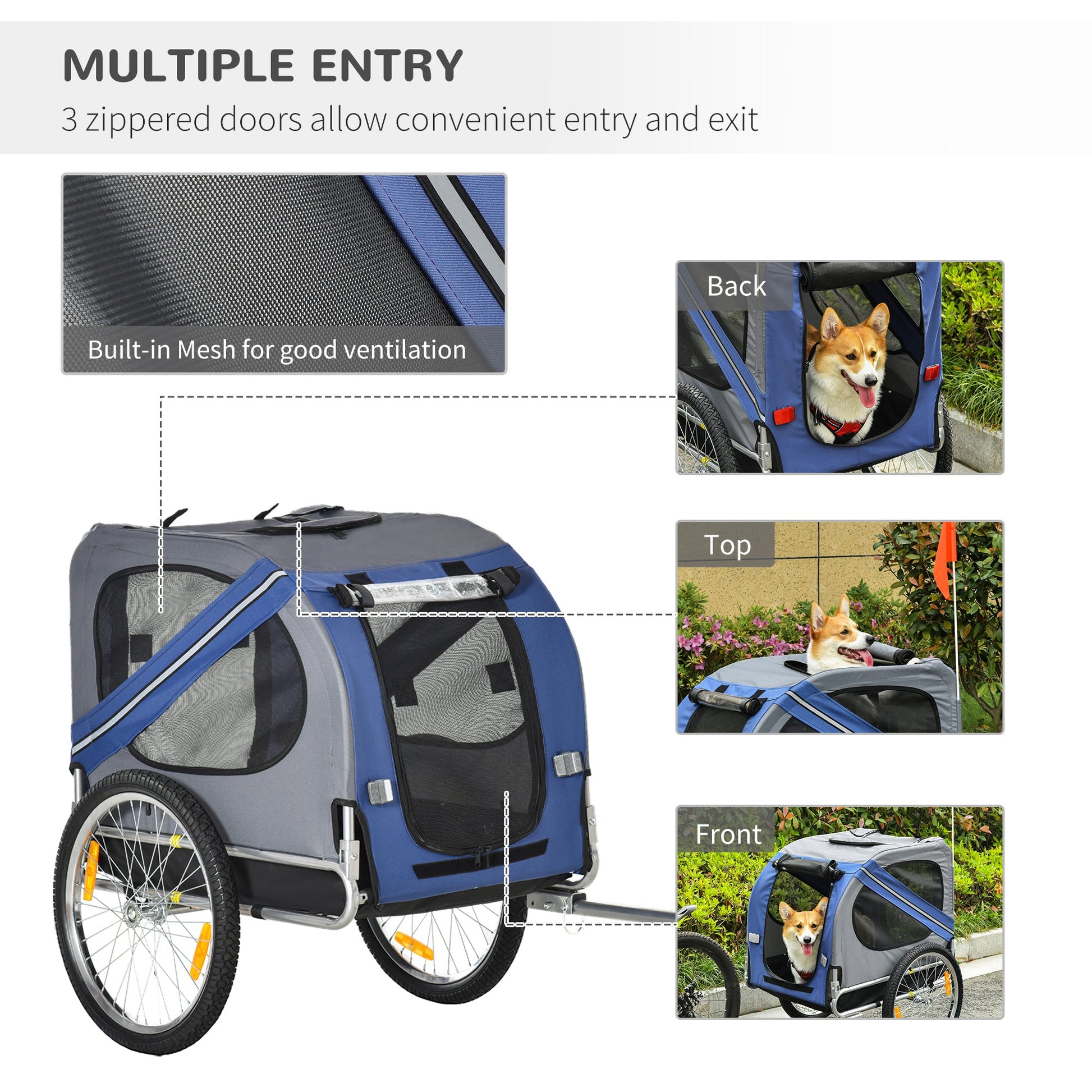KFX-1841469 Pet Bicycle Trailer with Large Wheels, 3 Entrances & Weather-Resistant Canopy for Dogs and Pets, Blue/Gray
