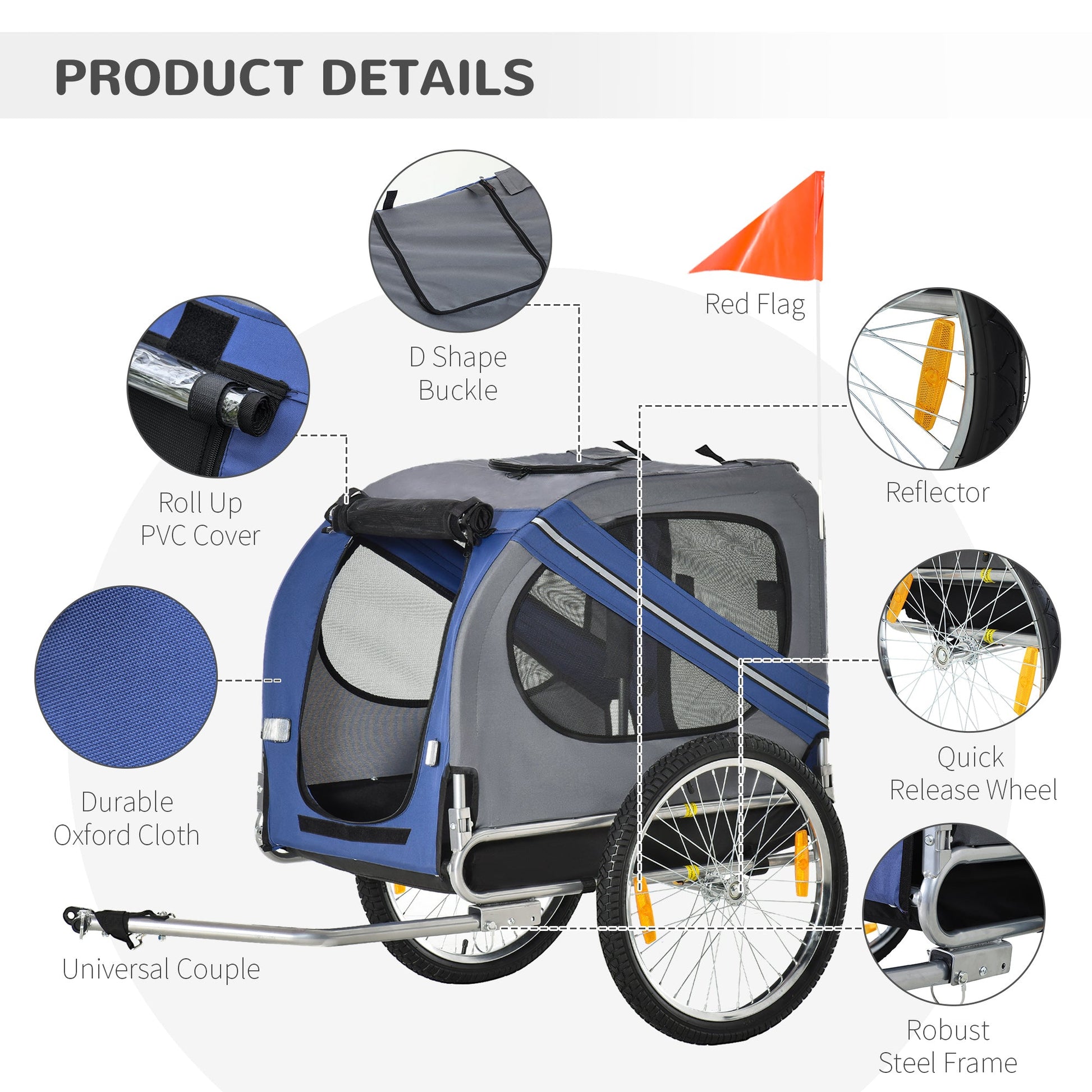 KFX-1841469 Pet Bicycle Trailer with Large Wheels, 3 Entrances & Weather-Resistant Canopy for Dogs and Pets, Blue/Gray