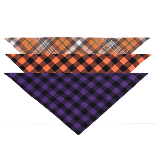 KFX-1843389 Check Pattern Cotton Triangle Scarf for Pets - Winter Wear in Purple Black, Orange Black, Orange White