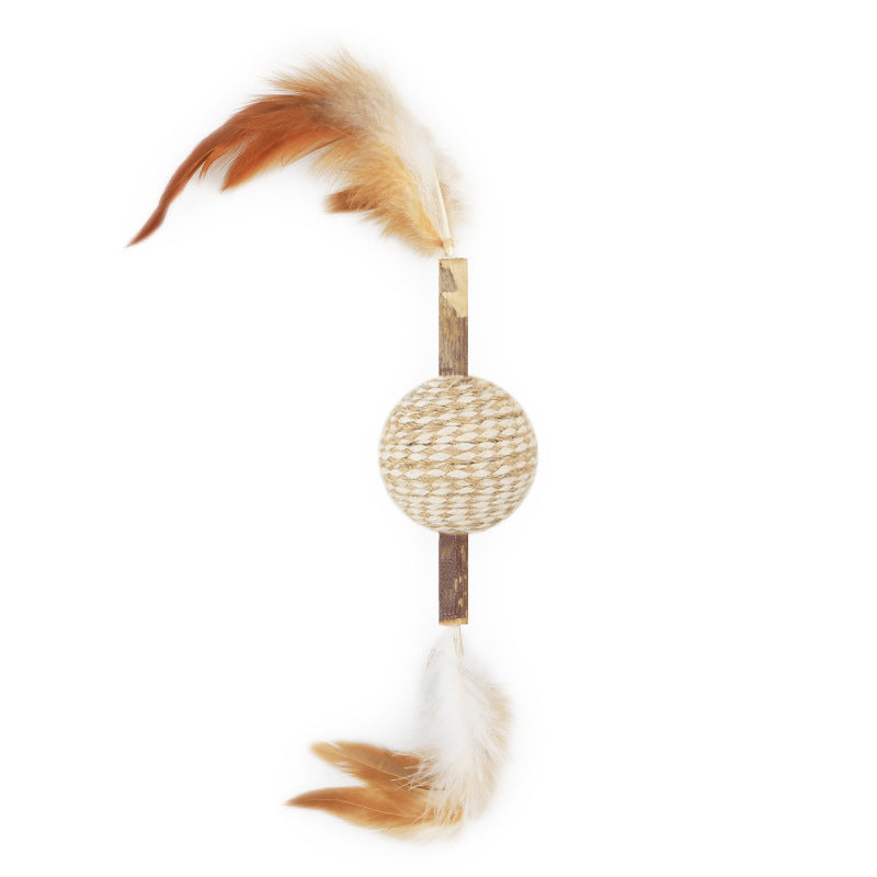 KFX-1844413 Cat Toy with Feather, Hemp Rope, and Wooden Ball for Nibbling and Play