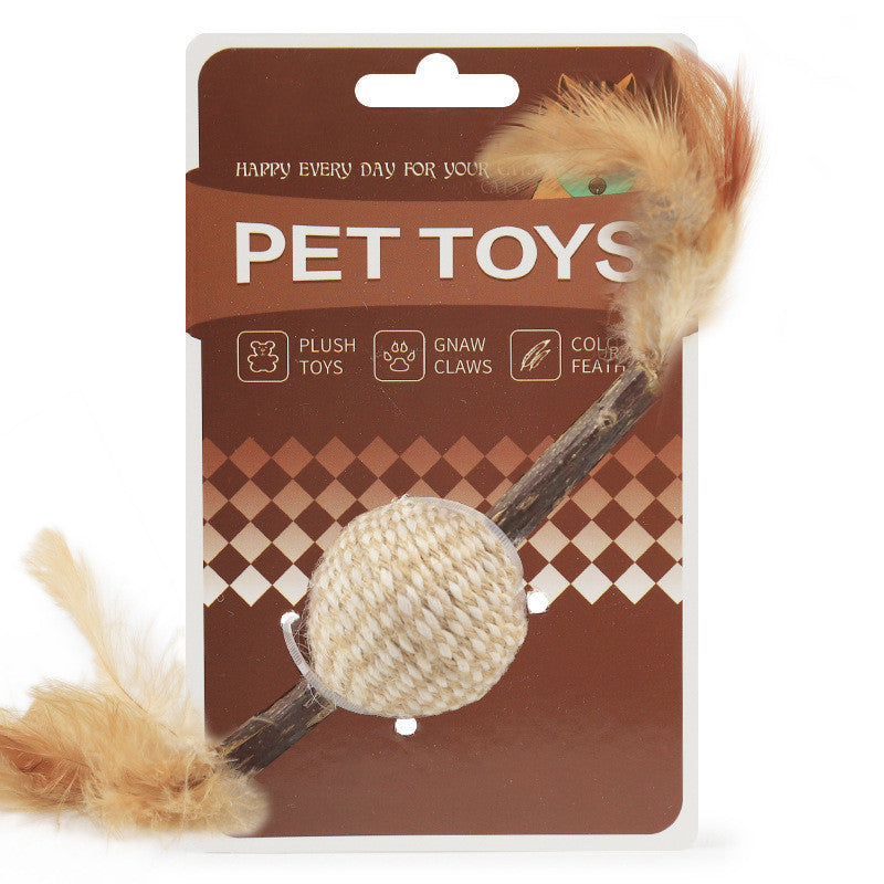 KFX-1844413 Cat Toy with Feather, Hemp Rope, and Wooden Ball for Nibbling and Play