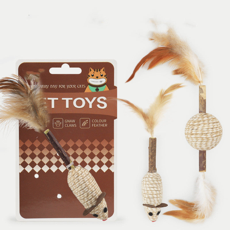 KFX-1844413 Cat Toy with Feather, Hemp Rope, and Wooden Ball for Nibbling and Play